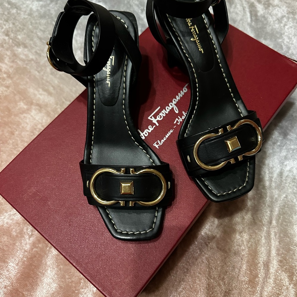 Salvatore Ferragamo Black and Gold Heels with Ankle Straps size 4.5 C